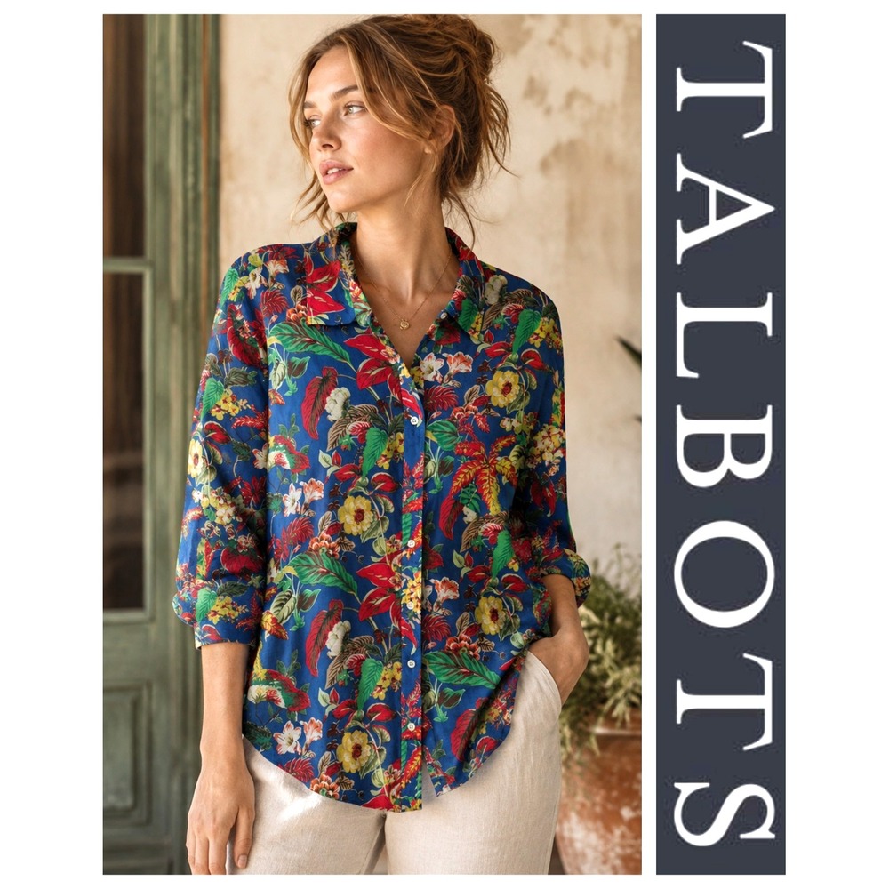 Talbots Multicolor Floral Long Tab Sleeve Button Down Shirt Blouse XL